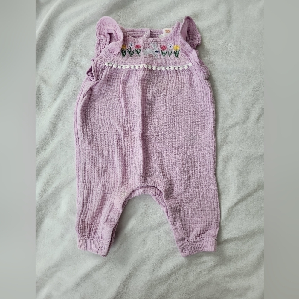 Cat & Jack purple bunny & tulip embroidered flutter strap overalls 0-3m
